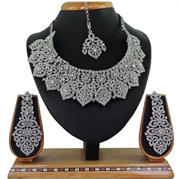 Indian Bollywood Style Fashion Wedding Silver Plated Necklace Earrings Jewelry Set, Bridesmaid Gift Jewelry,Prom Party Wear Diamond Jewelry