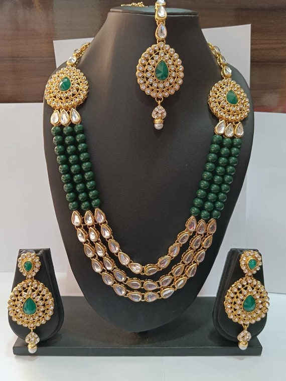 South Indian Bridal Kundan Green Necklace Set Pearl Bollywood Fashion Jewelry 