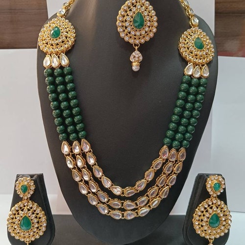 Green Pearl Party Wear Kundan Necklace 