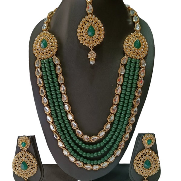 Green Pearl Party wear Kundan Necklace Set Bollywood Traditional Indian Jewelry Necklace Earrings & Maang Tikka Wedding Bridal