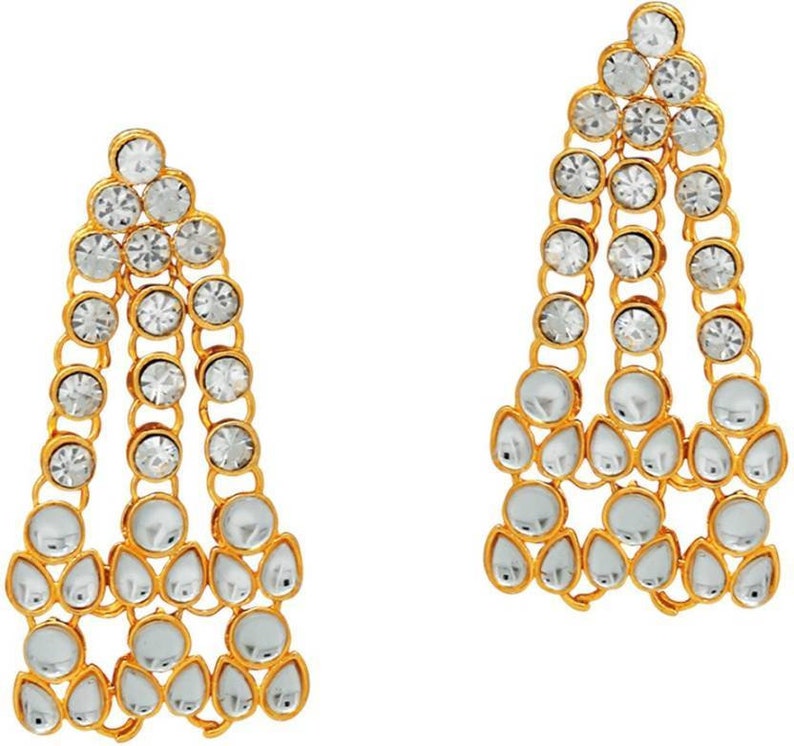 3 String Indian Bollywood Fashion Traditional Party Wear Bridal Wedding Jewelry,Kundan Set Necklace with Earrings Long Multi Layer Gold Tone