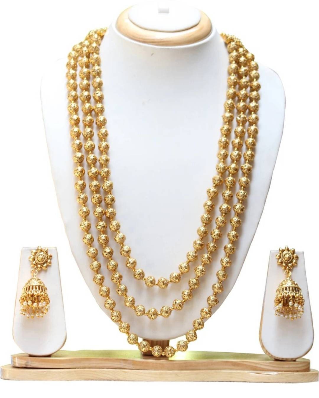 Multi Strand Gold Plated Indian Wedding Jewelry Set, Bollywood Fashion