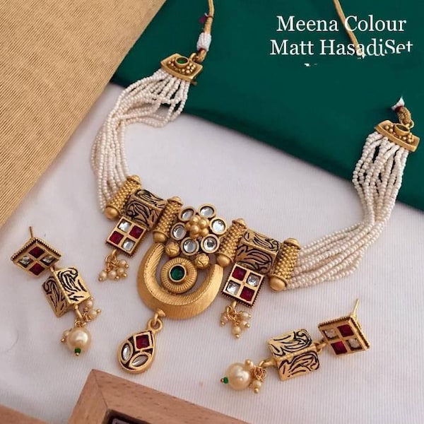 Meena Multi Color Matt Hasali Set,Indian Traditional Jaipur Jewelry Necklace Earrings Set, Ethnic Wedding Bollywood Kundan Jewelry Set