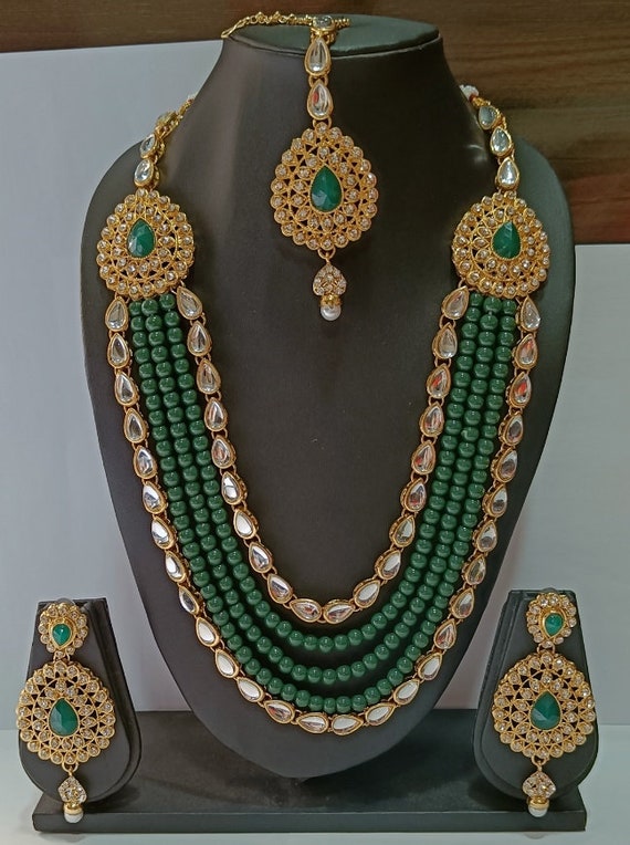 New Indian Bollywood Costume Jewellery Necklace Set Stone Silver Green Pearl 