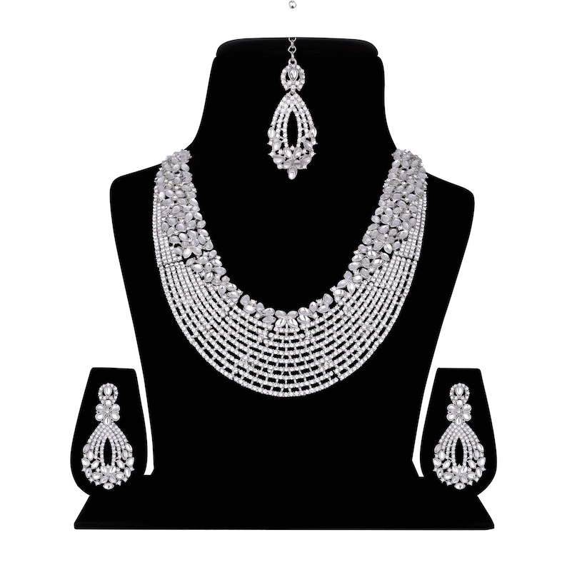 Kundan Bridal Indian Bollywood Style Fashion Wedding Silver Plated Diamond Necklace Earrings Tikka Party Jewelry Set
