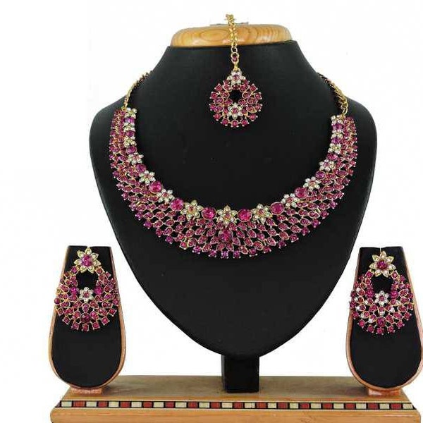 Hot Pink Indian Bollywood Fashion Style Wedding Gold Plated Bridal Jewelry Necklace Set Ethnic Traditional Diamond Fashion Jewelry Set