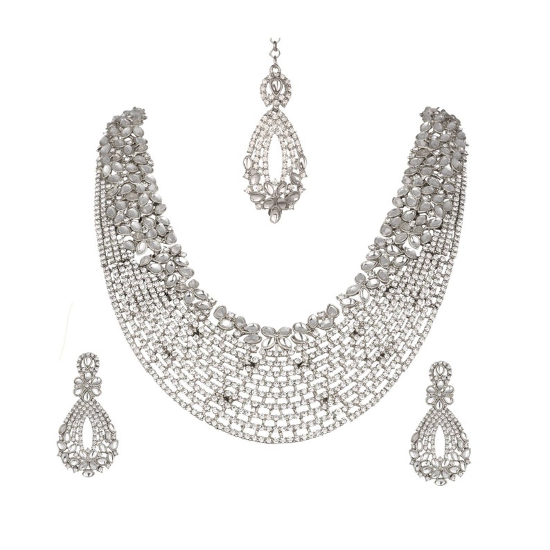 Kundan Bridal Indian Bollywood Style Fashion Wedding Silver Plated Diamond Necklace Earrings Tikka Party Jewelry Set