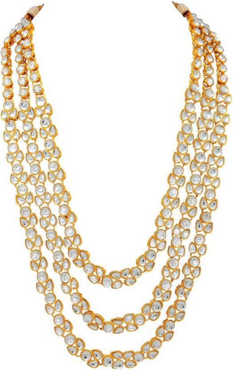 3 String Indian Bollywood Fashion Traditional Party Wear Bridal Wedding Jewelry,Kundan Set Necklace with Earrings Long Multi Layer Gold Tone