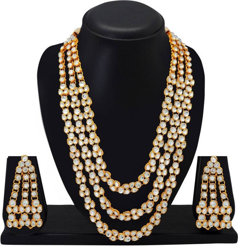 3 String Indian Bollywood Fashion Traditional Party Wear Bridal Wedding Jewelry,Kundan Set Necklace with Earrings Long Multi Layer Gold Tone