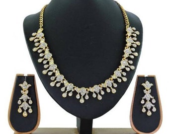 Indian Traditional Ethnic Gold Plated Party Wear Wedding & Engagement Jewelry Set, Women's Costume Jewelry Rhinestone Necklace With Earrings