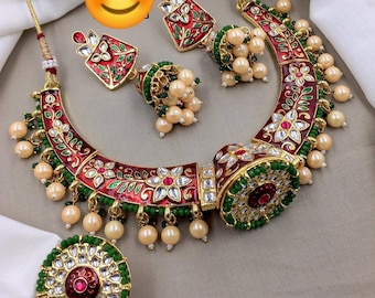 Rajputi Hasli Necklace with Earrings Rajputi Jewellery, Rajasthani Traditional Jewellery, Poshak Jewellery, Kundan Hasli Rajputi Aad Indian