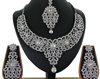 Indian Bollywood Fashion Plaqué Argent Strass Mariage & Fête Jewelry Set Indian Bollywood Fashion Plaqué Argent Strass Mariage & Fête Jewelry Set