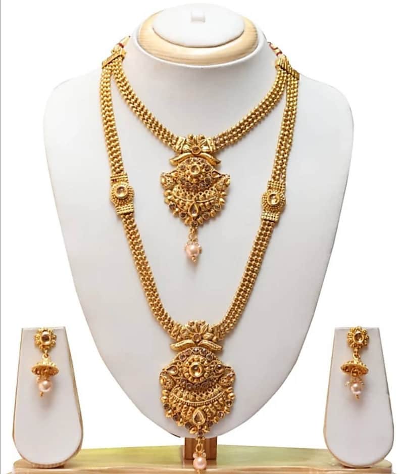 LCT Golden Color Beautiful Designer Ethnic Indian Traditional Long Gold Plated Wedding Temple Kundan Necklace Earrings Jewelry Set