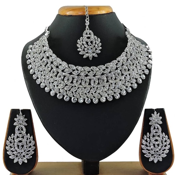 Indian Bollywood Style Fashion Wedding Silver Plated Diamond Necklace Earrings Party Wear Choker Jewelry Set