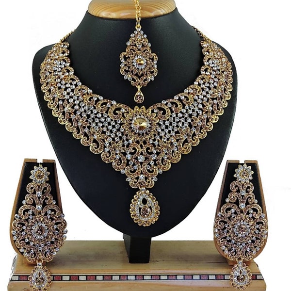 LCT White Statement Indian Traditional Wedding & Party Wear Gold Plated Necklace Earrings Tika Fashion Bridal Jewelry Set,Rhinestone Jewelry