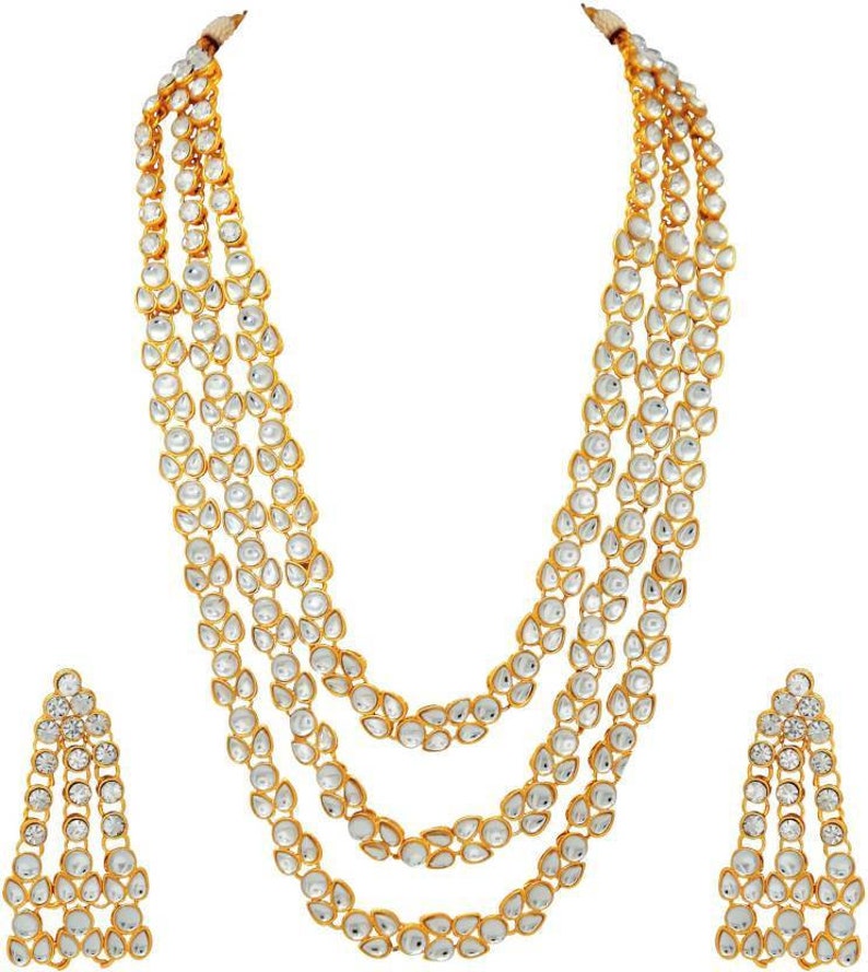 3 String Indian Bollywood Fashion Traditional Party Wear Bridal Wedding Jewelry,Kundan Set Necklace with Earrings Long Multi Layer Gold Tone