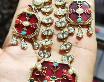 Joyería india de moda de Bollywood Kundan, boda tradicional india y conjunto de collar nupcial, conjunto de pendientes de collar de diamantes kundan plateados