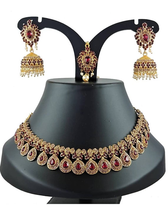 Rhinestone Choker Indian Traditional Wedding Gold Plated Jewelry