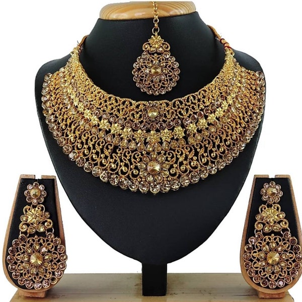Lct Rhinestone Choker Indian Traditional Wedding Gold Plated Jewelry Necklace Earrings Tika Set, Ethnic Costume Jewelry, Bridal Wear Jewelry