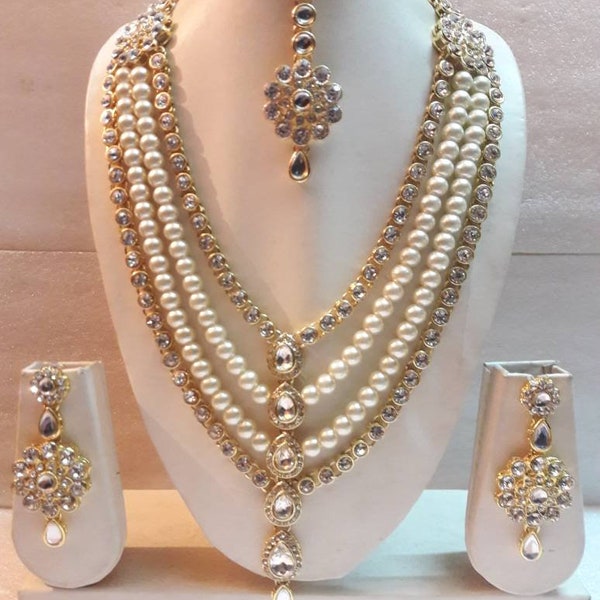 Indian Bollywood Fashion Style Traditional Bridal Wedding Wear Gold Plated Jewelry Pearl Diamond Set Necklace Earrings Mang Tikka Beaded
