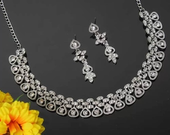 Estilo indio de Bollywood moda boda plateado collar de diamantes pendientes fiesta desgaste gargantilla conjunto de joyas, damas de honor regalo conjunto de joyas