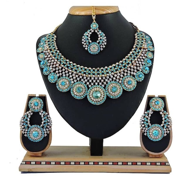 Indian Traditional Wedding Gold Plated Bridal Diamond Jewelry Ethnic Wear Choker Necklace Earrings  Set Multi Color Rhinestone Jewelry Set