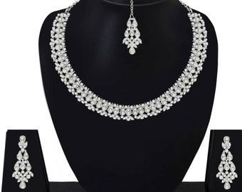 Rhineston Indian Bollywood Style Fashion Wedding Silver Plated Necklace Earrings Party Jewelry  Set,Bridesmaid Gift Jewelry, prom Party Wear