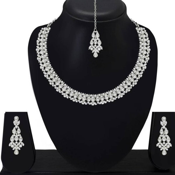 Strass indien style Bollywood mode mariage plaqué argent collier boucles d'oreilles ensemble de bijoux de fête, bijoux cadeau de demoiselle d'honneur, tenues de fête de bal