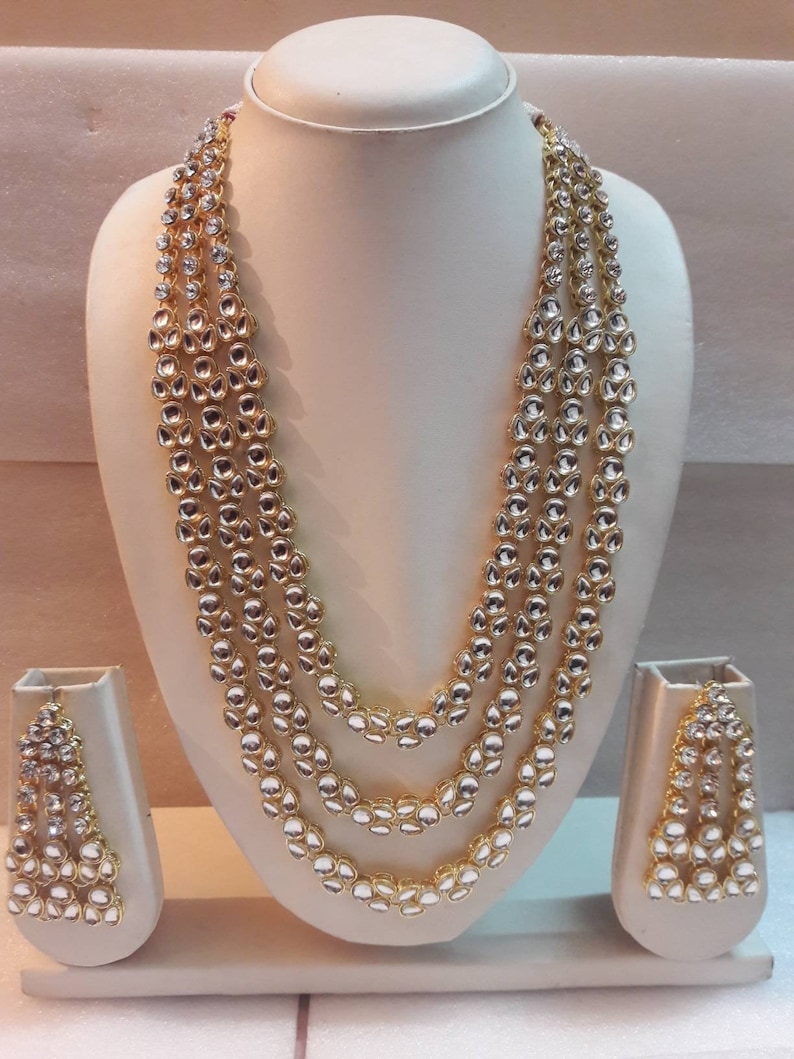 3 String Indian Bollywood Fashion Traditional Party Wear Bridal Wedding Jewelry,Kundan Set Necklace with Earrings Long Multi Layer Gold Tone
