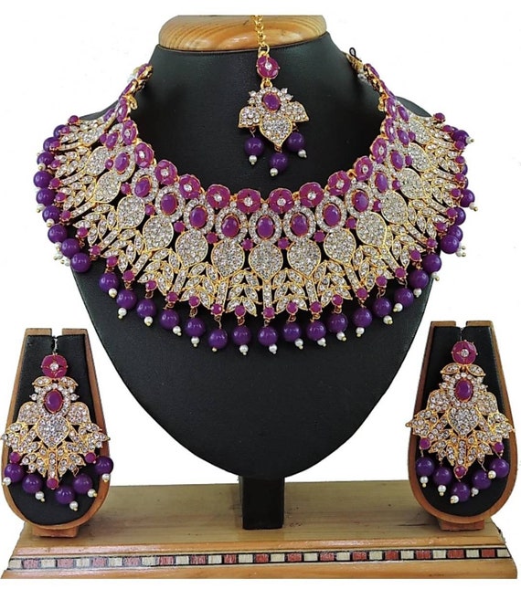 Purple Choker Indian Traditional Wedding and Party Wear Gold Tone Rose Gold Tone silver Plated Diamond Necklace Fashion Bridal Jewelry Set Etsy