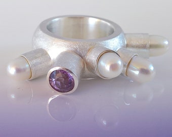 Ring Pearls Amethyst Silver