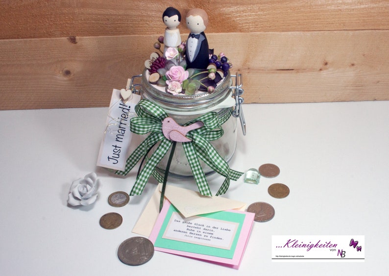 Geldgeschenk für Hochzeit in Pastell mit Blumen Hochzeitsgeschenk Gutschein Geld verschenken im Bügelglas, Kleinigkeiten von NB Bild 2