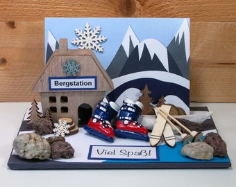 Ski skiing card, cash gift or voucher, 3D card, winter travel, ski holiday, ski lodge travel voucher for men, little things from NB