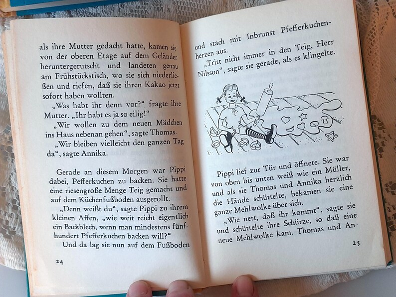 May include: Open book with German text and a black and white illustration of a girl rolling out dough with a rolling pin. The illustration includes hearts and stars. The book is open to pages 24 and 25.