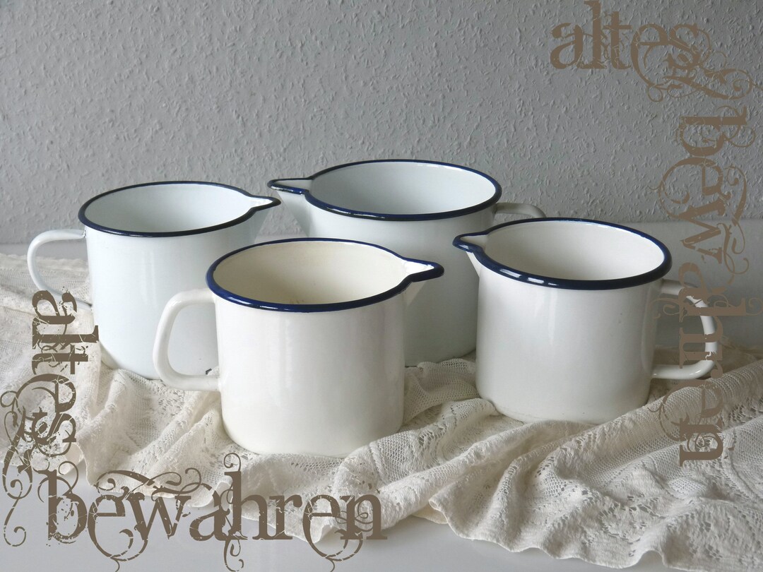 Four Vintage Enamel Milk Pots Etsy