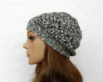 Crochet hat, grey, white, viscose