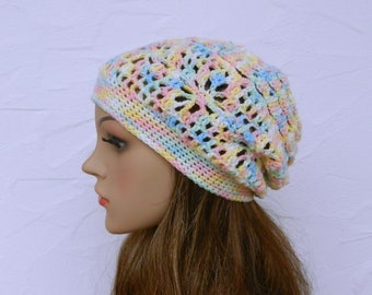 Crocheted hat, multicolor, pastel, polyacrylic