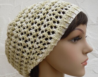 Beanie, white, cream, beige, cotton mix