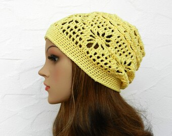 Crocheted hat, light yellow, 100% cotton