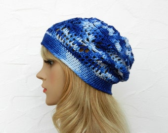 Crochet hat, blue, white, 100% cotton