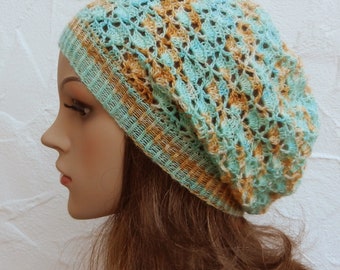 Beanie, turquoise - brown - hand-dyed - soft, scratch-free