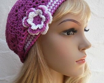 Crochet hat, lilac, white, 100% cotton