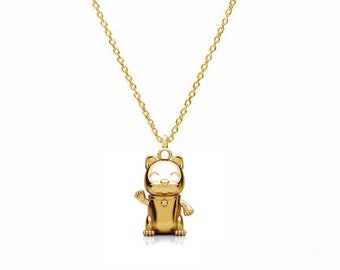 Chineese Luck Cat Maneki Neko necklace- movable paw, necklace,sterling silver, 24K gold, rose gold
