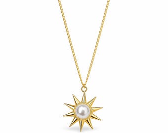 SUN Pearl Necklace – Boho Jewelry, Sterling Silver, 24K Gold, 18K Rose Gold