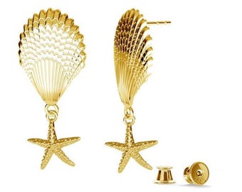 SEASHORE Dangle Earrings, Shell and Starfish, Sterling Silver, 24K Gold Plated, 18K Rose Gold Plated
