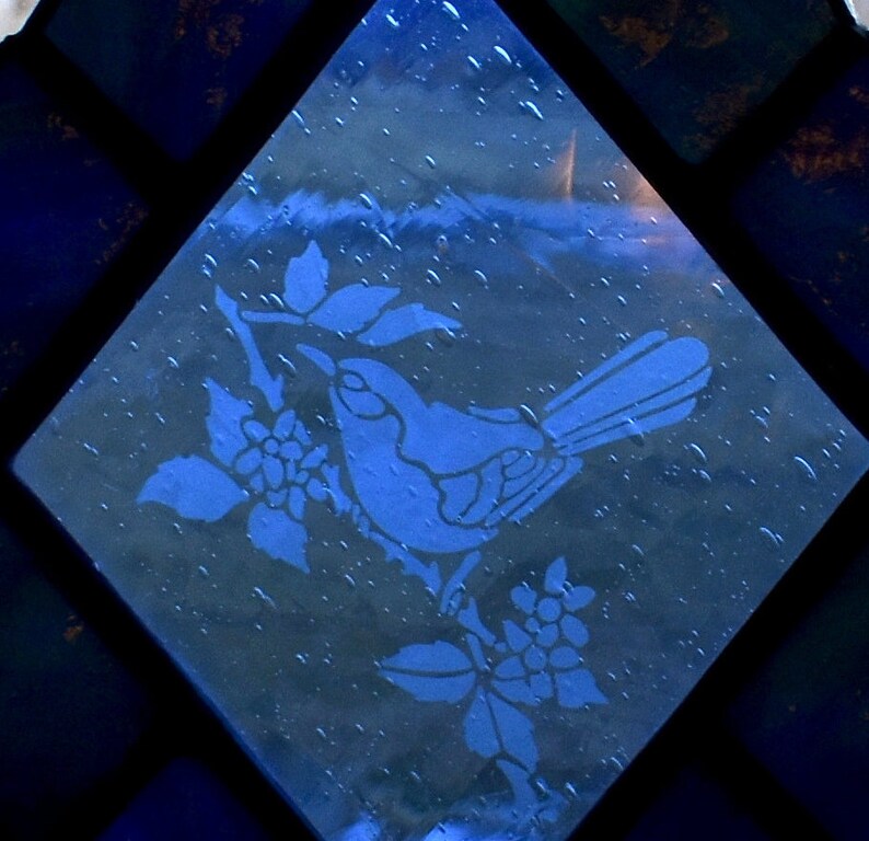 Birthday Home Decor Friendship Gift Hand Crafted Blue Stained Glass Etched Bird Suncatcher Unique Shower Wedding