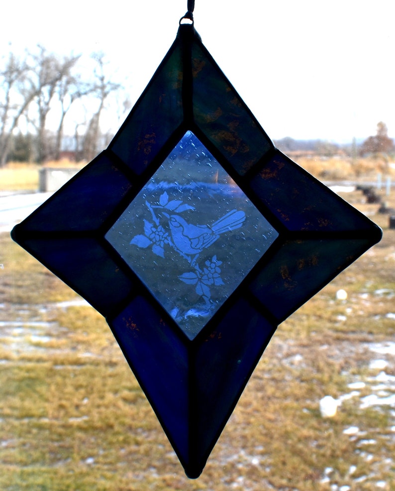 Birthday Home Decor Friendship Gift Hand Crafted Blue Stained Glass Etched Bird Suncatcher Unique Shower Wedding