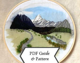 Mount Cook embroidery pattern | Landscape Embroidery Mount Cook New Zealand | Hand Embroidery | Detailed instructions | Instant download