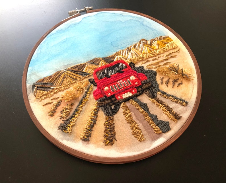 Red Jeep in the rugged Colorado Rocky Mountains Landscape Embroidery Hand Embroidery image 4