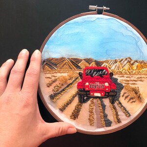 Red Jeep in the rugged Colorado Rocky Mountains Landscape Embroidery Hand Embroidery image 1